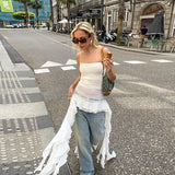 Ebbgo  Sexy Lace Sheer Suspenders Shirts Y2k Off-Shoulder Ruffle Tops Streetwear Chic Club Party Lady Tank Top Casual T-shirt For Women