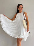 Ebbgo  Women White Pleated Ruffles Sleeveless Summer Dress Ladies Elegant Loose Midi Dresses 2024 New Fashion High Street Vestidos