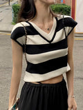 Ebbgo  Striped Crop Top y2k Aesthetic V-neck Short Sleeve T Shirt Women Sweats Casual Streetwear