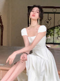 Ebbgo  Summer New Elegant Square Collar Party Midi Dress For Women French A Line Graduation Clothes Female Korean White Vestidos