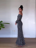 Ebbgo  -  Off Shoulder Dot Print Maxi Dress Women Slash Neck Long Sleeve Backless Female Robe Spring Summer Vacation Slim Dresses