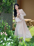 Ebbgo  French Romantic Pink Chiffon Long Dress V-neck Flare Sleeve vestido maxi robe femme chic et élégante soiree longue wedding prom