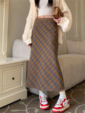 Ebbgo  Vintage Slim Long Skirts Women Split Plaid Chic 2024 Elegant OL Daily High Waist Spring Office Lady Fashion