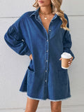 Ebbgo   Lantern Sleeve Oversized Denim Dress Women 2024 Spring Pockets Casual Single Breasted Raw Hem Streetwear Mini Dresses