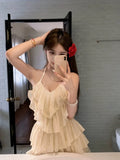 Ebbgo  Chiffon Lace Dress Even Party Korean Fashion Clothing Pure Color Sleeveless Summer Casual Beach Style Y2k Mini Dress Women