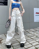 Ebbgo  -  Hollow Lace Casual Pants Loose Wide Leg Overalls Summer Hot Girls Mop Pants White Pants Women