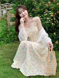 Ebbgo   Summer French Elegant Lace-up Floral Midi Dress Women Beach Vintage Strap Dresses Lady Korean Sweet Fairy Party Dress Chic