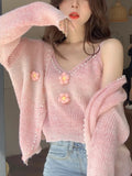 Ebbgo  2 Piece Set Women Knitter Suits Pink Sweater Elegant Cardigan + Y2k Crop Tops Office Lady Kawaii Clothing Korean