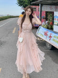 Ebbgo  -  Summer Chiffon Fairy Dress Women Solid Elegant Party Midi Dress Female Casual Korean Fashion Designer One Piece Dress New