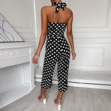 Ebbgo  -  Women Sexy Sleeveless Halter Slim Jumpsuit Fashion Retro Dot Print Backless Party Overalls Playsuit Elegant Office Lady Rompers