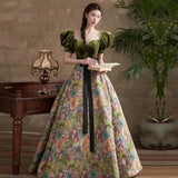 Ebbgo  -  Dinner dresses gala Ball gown green silk puff sleeve princess gown flower Banquet Evening Retro rope H889