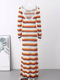 Ebbgo   -  Women's Cotton Knitted Bodycon Backless Dress Striped Hollowed Out Flared Sleeves Ruffle Vestidos O-neck Vacation  Wave Cut Robe