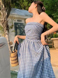 Ebbgo  Summer  New French Style Plaid Strapless Dress For Women Casual Elegant Party Dress Korean Vintage Street Fairy Vestidos