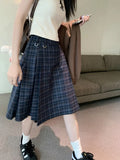 Ebbgo  Korean style Preppy Fashion Vintage Plaid Summer Women Midi Skirt High Waist Pleated A-line Temperament Loose Y2K Skirt