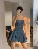 Ebbgo  Women A-line Mini Denim Dress Y2k Vintage Elegant Lace-up Off Shoulder One Piece Frocks Luxury Jean Dresses 2000s Clothes Summer