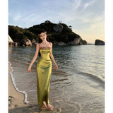 Ebbgo  - Women's Wear Dress Gentle High Waist Cherry Green Flower Temperament Embroidery Sling Long Dress Solid Summer Skirts