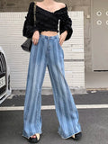 Ebbgo  New Korean Stripes High Waist Wide-Leg jeans Women Hot Chic Fashion Loose Straight Denim pants Female Long Trousers