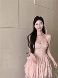 Ebbgo  Backless Mini Dress Woman Elegant Sleeveless Summer French Style Diamonds Ruffles Pink Slim Sexy Dresses Sweet Ladies Party