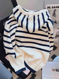 Ebbgo  -  Women Sweater Fashion Stripe Loose Hooded Knitting Sweaters Vintage Long Sleeve Female Pullover Tops