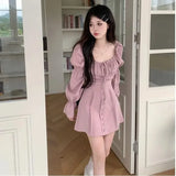 Ebbgo  Sweet Academy Lace Up Shirt A-line Skirt Two Piece Set Women Fashion Shirring Square Neck Lantern Sleeves Solid Slim Chic Suit