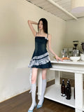 Ebbgo  -  Women Blue Denim Dress Elegant Sleeveless Off Shoulder Mini Cowboy Dress Vintage Y2k One Piece Frocks 2000s Clothes Summer