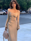 Ebbgo  Elegant Solid Knitted Dress Women Long Sleeve Square High Slit Design Autumn Winter Base Midi Dresses Korean Fashion Vestidos