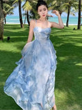 Ebbgo  - Tea Break French Blue Strap Dress Female Summer New Beach Holiday Sunset Fairy