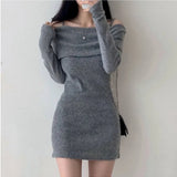 Ebbgo  -  Pure Color Elegant Knitted Dress Woman Bodycon Slim Y2k Mini Dress Casual Party Korean Fashion Long Sleeve Dress Winter