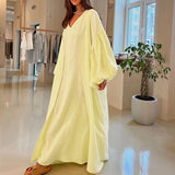 Ebbgo  -  Robe Vinage Solid Two Piece Dress Suit Women Sexy V Neck Long Dress and Lantern Long Sleeve Cardigan Outfit New Autumn Loose Set