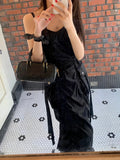 Ebbgo  -  Korean Fashion New Summer Dress Women Pleated Design Large Pockets Waisted Midi Dress Female Sleeveless Solid Black Long Dresses