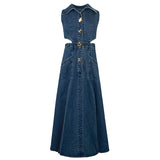 Ebbgo  Retro Denim Dress Women's  Summer New Shirt Collar Hollow Split Waist Long Skirt Sleeveless One-piece Sexy Denim Dresses