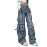 Ebbgo New Blue with Belt Wide Leg Loose Jeans Streetwear Vintage Y2k Pockets Trousers Circyy Cargo Pants Women High Waisted Jeans