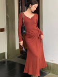 Ebbgo  Elegant Solid Midi Dress Women Long Sleeve V-neck Lace up Folds Autumn Spring Female Vintage Party Prom Vestidos Retro Mujer New