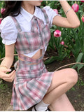 Ebbgo  Fashion Korean Preppy Style Mini Skirts Women Clothing Blouse  Summer Set White Pink Kawaii Harajuku Pleated Plaid Skirt