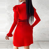 Ebbgo  -  Fashion Tie-Up Bow Collar Patchwork Dress Women Elegant Commute Slim Red Knitted Dress Office Lady Striped Contrast Zipper Dress