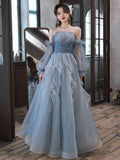 Ebbgo  - Elegant Blue Prom Gown Women's Strapless Slim Fit Design Floor Length Detachable Ruffle Edge Mesh Sleeve Quinceanera Vestido