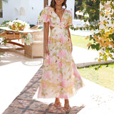 Ebbgo  -  Spring Floral Print Boho Long Dress Women Sexy Deep V Neck Backless Party Dress Summer Puff Short Sleeve Beach Maxi Dresses