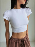 Ebbgo  Cotton Crop Tops T shirt Women  Female Summer Cropped Bodycon T-Shirts Fashion O-neck White y2t Tshirt Sexy Short Tees