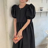 Ebbgo  Korean Chic Summer  Round Neck Robe  Contrast Color Lace Bow Polka Dot Puff Sleeve Women Midi Dress