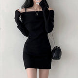 Ebbgo  -  Pure Color Elegant Knitted Dress Woman Bodycon Slim Y2k Mini Dress Casual Party Korean Fashion Long Sleeve Dress Winter