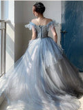 Ebbgo  -  Women Blue Tulle Layered Prom Dresses Slash Neck Flying Sleeve Quinceanera Dresses Female Long Evening Gowns