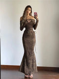 Ebbgo  Fashion Brown Off Shoulder Dress for Women Summer Slim Waist Bodycon Fish Tail Dresses Y2k E-Girl Long Sleeve Vestidos Mujer