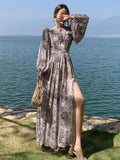 Ebbgo  Vintage Beach Floral Maxi Dress Women Elegant Hollow Out Korean Holiday Split Dress Female Casual Long Sleeve Fairy Party Dress