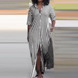 Ebbgo  -  Office Elegant Striped Shirt Dress Women's Turn-down Collar Half Sleeve Loose Dress Casual Single Breasted Split Long Dress