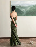 Ebbgo  Elegant Emerald Green Irregular Patchwork Evening Party Dress High Waist Spaghetti Strap Pleated Hem Prom Gown For Women