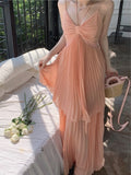 Ebbgo  -  Summer Fashion Pleated Beach Long Dresses New Elegant Spaghetti Strap Vacation Ruffles Holiday Sundress Female A line Robe