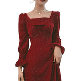 Ebbgo  -  Bridal Red Party Marriage Engagement Formal Dress Long Sleeve Satin Square Collar Shiny Maxi Dress H2992p