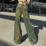 Ebbgo  Grunge Fairycore Cargo Pants Denim Y2K Aesthetic Chic Dragon Embroidery Women Jeans Baggy Distressed Chic Trousers