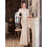 Ebbgo  -  Champagne dress satin long dinner evening dresses party gown floral  gala cocktail graduation H885