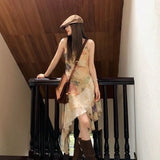 Ebbgo  -  Retro Ink Print Flower Camisole Dress for Women Y2k Irregular Patchwork Ruffles Dresses Summer New Vestidos Mujer